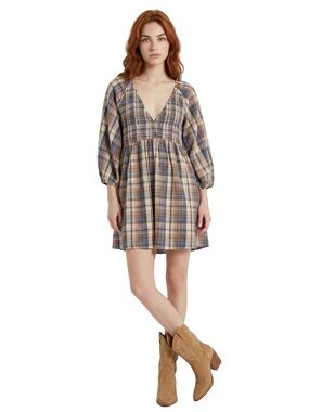 BAEVELY Blue Cream Plaid V Neck Short sleeve Mini Dress Smocked Empire waist
LG